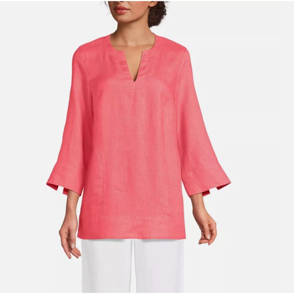Lands End Woman’s 3/4 Sleeves Slits Notch Neck Linen Top Pink XS